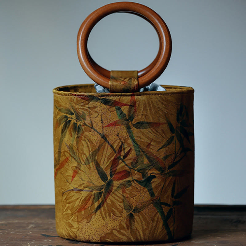 Buddha Stones Foglia di bambù Farfalla Fiore di ciliegio Cachi Manico in legno Borsa a mano