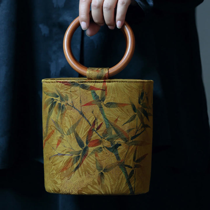Buddha Stones Foglia di bambù Farfalla Fiore di ciliegio Cachi Manico in legno Borsa a mano