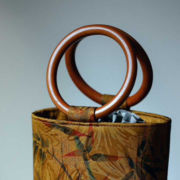 Buddha Stones Foglia di bambù Farfalla Fiore di ciliegio Cachi Manico in legno Borsa a mano