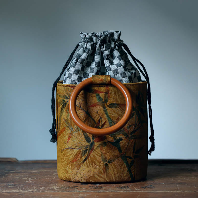 Buddha Stones Foglia di bambù Farfalla Fiore di ciliegio Cachi Manico in legno Borsa a mano