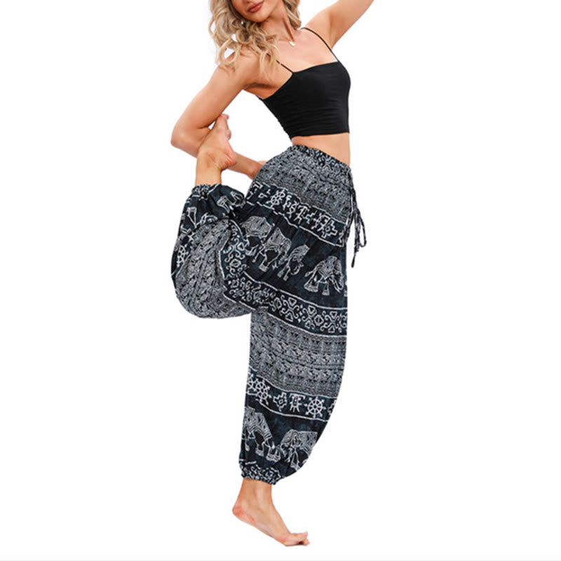 Pantaloni harem casual larghi con motivo geometrico a elefante Buddha Stones, pantaloni da yoga da donna