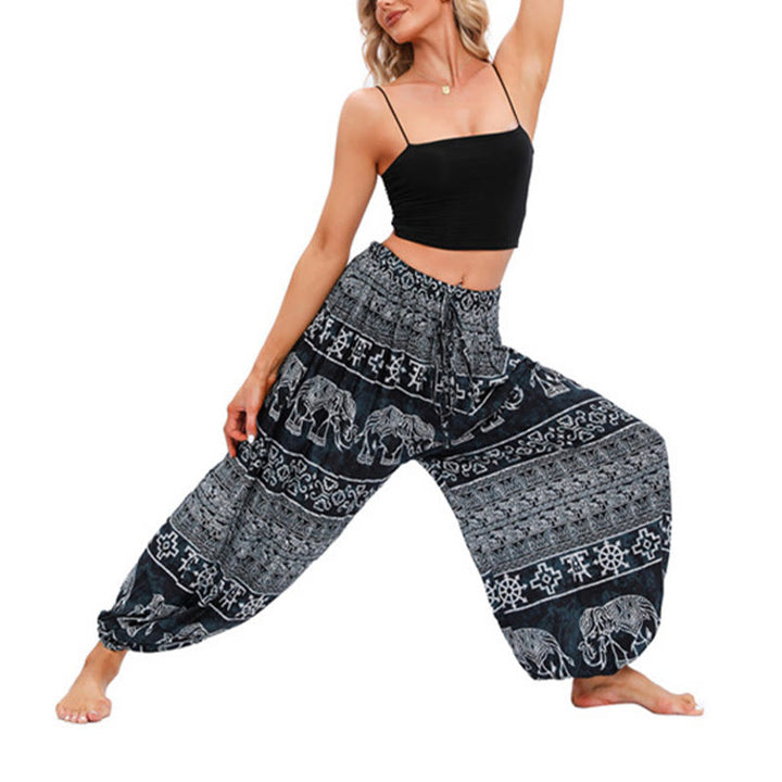 Pantaloni harem casual larghi con motivo geometrico a elefante Buddha Stones, pantaloni da yoga da donna