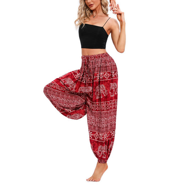 Pantaloni harem casual larghi con motivo geometrico a elefante Buddha Stones, pantaloni da yoga da donna