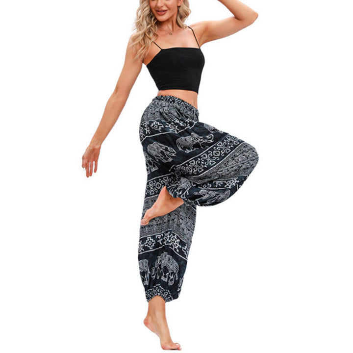 Pantaloni harem casual larghi con motivo geometrico a elefante Buddha Stones, pantaloni da yoga da donna
