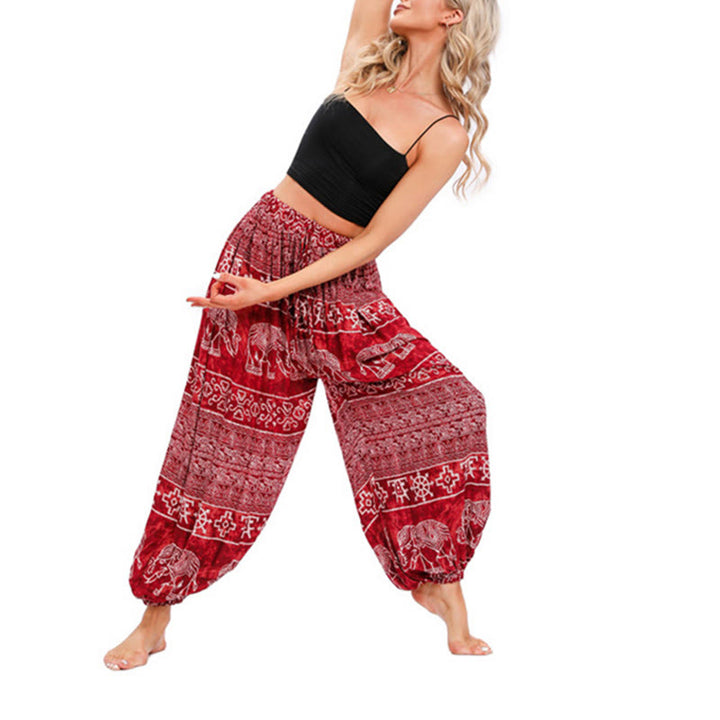 Pantaloni harem casual larghi con motivo geometrico a elefante Buddha Stones, pantaloni da yoga da donna