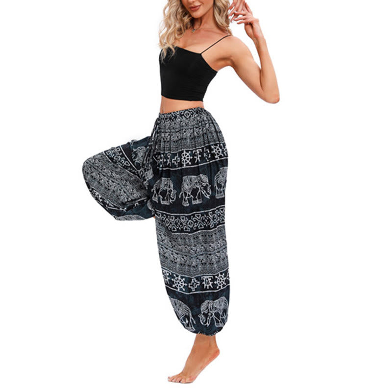 Pantaloni harem casual larghi con motivo geometrico a elefante Buddha Stones, pantaloni da yoga da donna