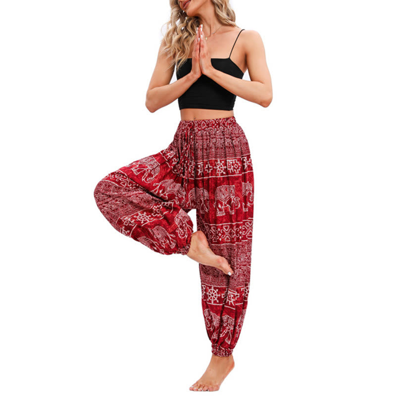 Pantaloni harem casual larghi con motivo geometrico a elefante Buddha Stones, pantaloni da yoga da donna