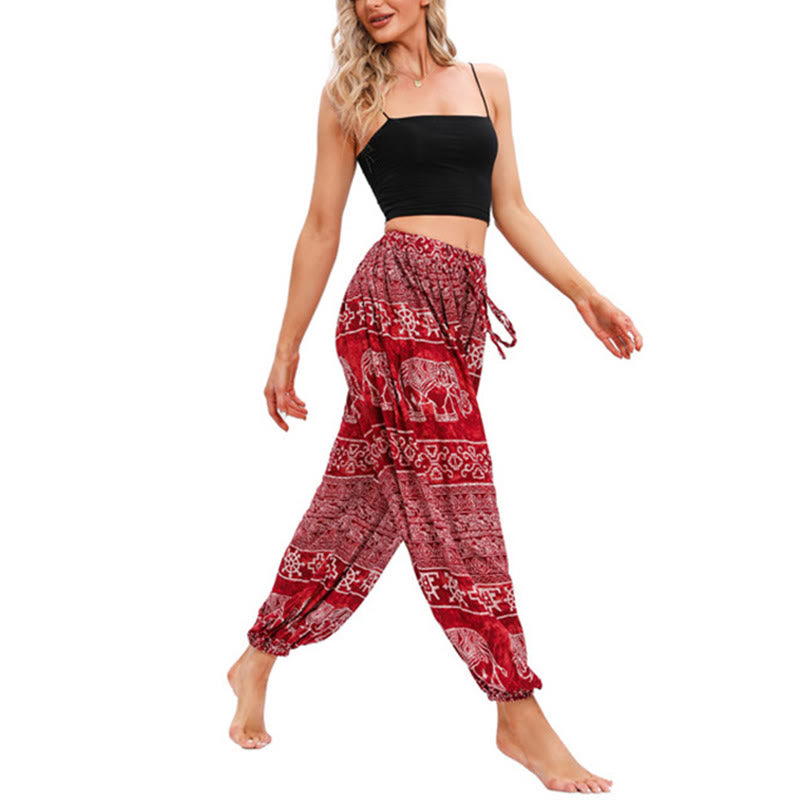 Pantaloni harem casual larghi con motivo geometrico a elefante Buddha Stones, pantaloni da yoga da donna