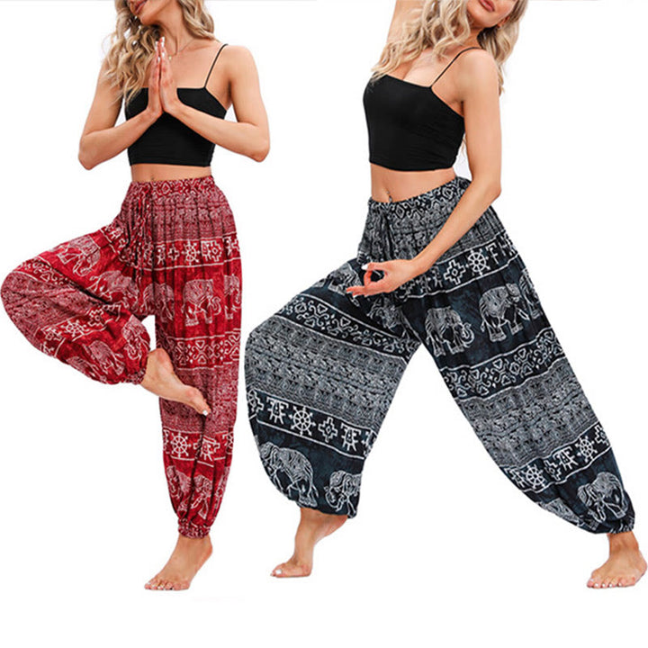 Pantaloni harem casual larghi con motivo geometrico a elefante Buddha Stones, pantaloni da yoga da donna