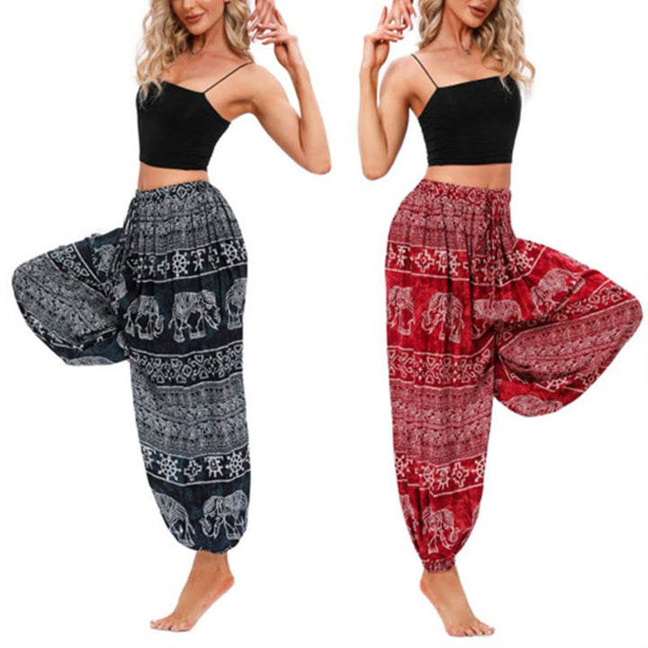 Pantaloni harem casual larghi con motivo geometrico a elefante Buddha Stones, pantaloni da yoga da donna