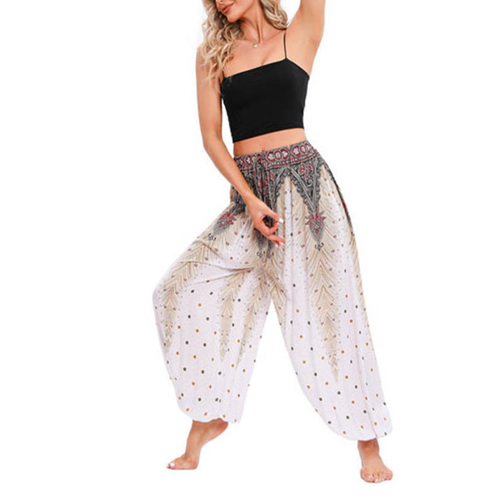 Pantaloni harem larghi con motivo a piume di pavone Buddha Stones, pantaloni da yoga da donna
