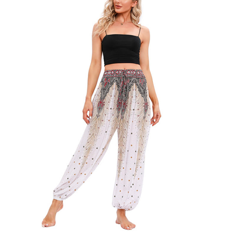 Pantaloni harem larghi con motivo a piume di pavone Buddha Stones, pantaloni da yoga da donna