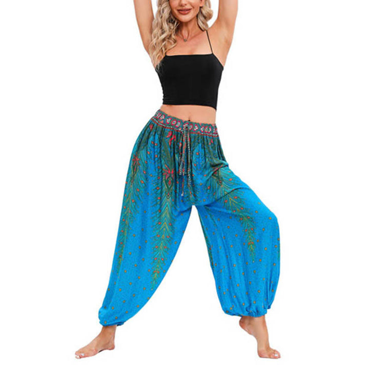 Pantaloni harem larghi con motivo a piume di pavone Buddha Stones, pantaloni da yoga da donna