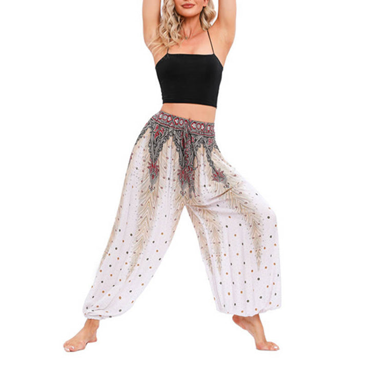 Pantaloni harem larghi con motivo a piume di pavone Buddha Stones, pantaloni da yoga da donna