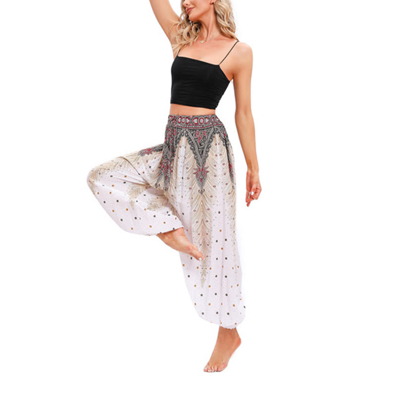 Pantaloni harem larghi con motivo a piume di pavone Buddha Stones, pantaloni da yoga da donna