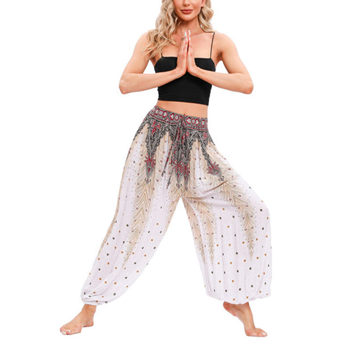 Pantaloni harem larghi con motivo a piume di pavone Buddha Stones, pantaloni da yoga da donna