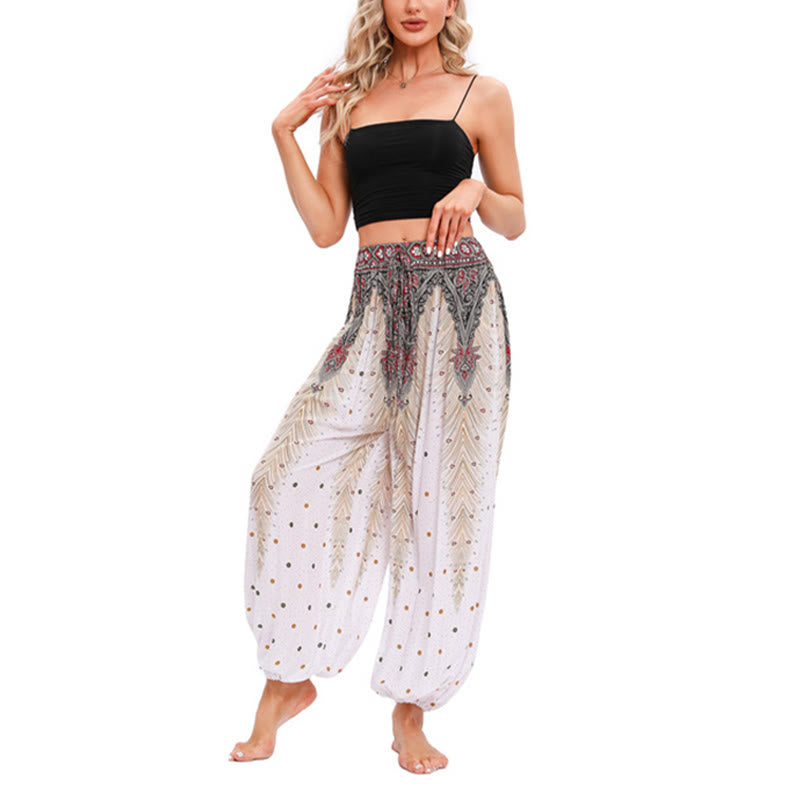 Pantaloni harem larghi con motivo a piume di pavone Buddha Stones, pantaloni da yoga da donna