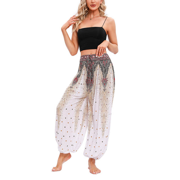 Pantaloni harem larghi con motivo a piume di pavone Buddha Stones, pantaloni da yoga da donna