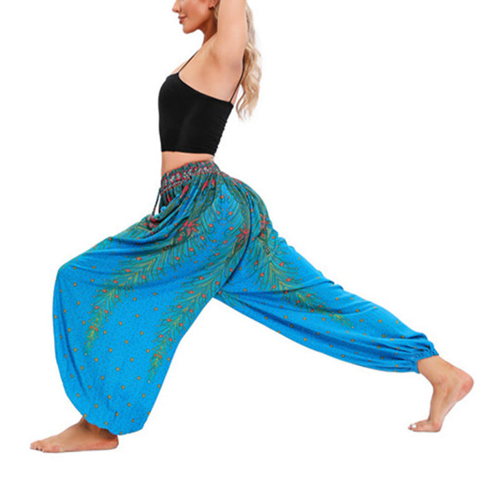 Pantaloni harem larghi con motivo a piume di pavone Buddha Stones, pantaloni da yoga da donna