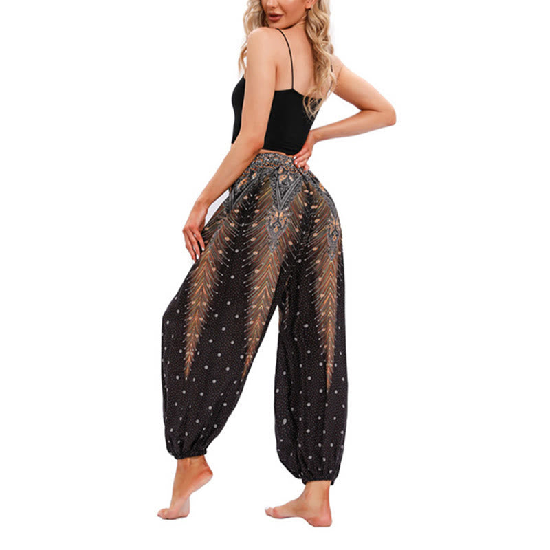 Pantaloni harem larghi con motivo a piume di pavone Buddha Stones, pantaloni da yoga da donna