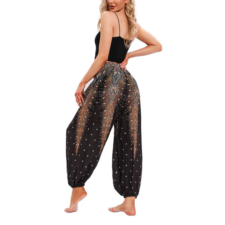 Pantaloni harem larghi con motivo a piume di pavone Buddha Stones, pantaloni da yoga da donna