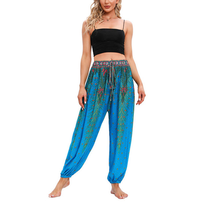 Pantaloni harem larghi con motivo a piume di pavone Buddha Stones, pantaloni da yoga da donna