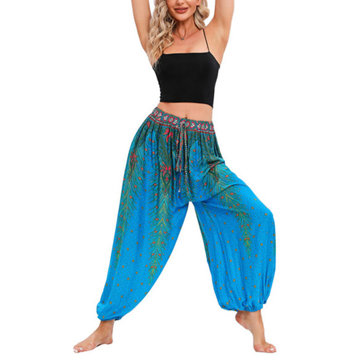 Pantaloni harem larghi con motivo a piume di pavone Buddha Stones, pantaloni da yoga da donna