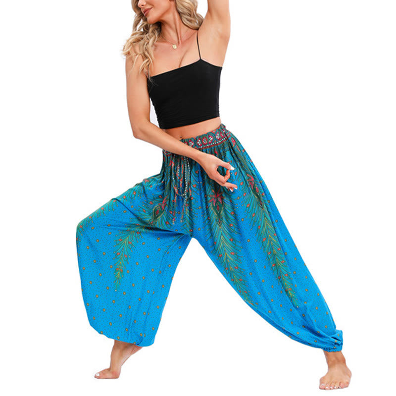 Pantaloni harem larghi con motivo a piume di pavone Buddha Stones, pantaloni da yoga da donna