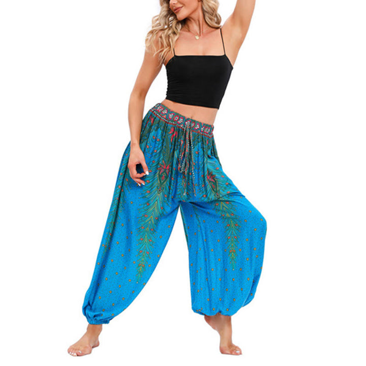 Pantaloni harem larghi con motivo a piume di pavone Buddha Stones, pantaloni da yoga da donna