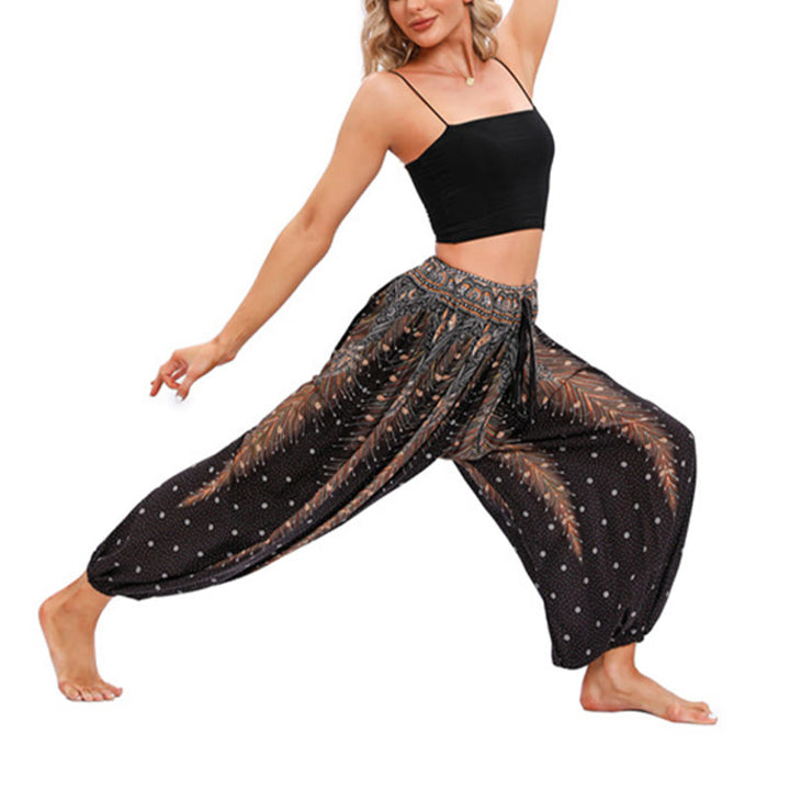 Pantaloni harem larghi con motivo a piume di pavone Buddha Stones, pantaloni da yoga da donna