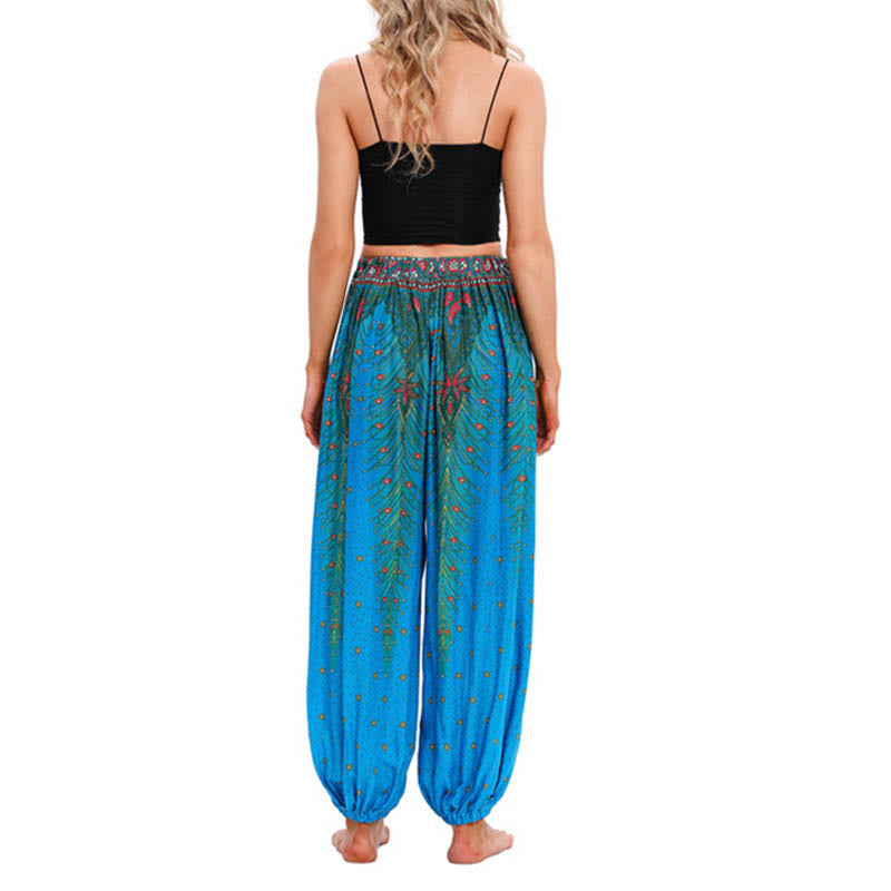 Pantaloni harem larghi con motivo a piume di pavone Buddha Stones, pantaloni da yoga da donna
