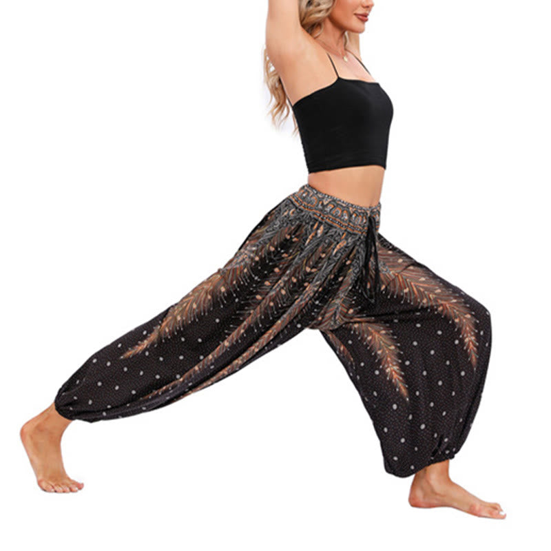 Pantaloni harem larghi con motivo a piume di pavone Buddha Stones, pantaloni da yoga da donna