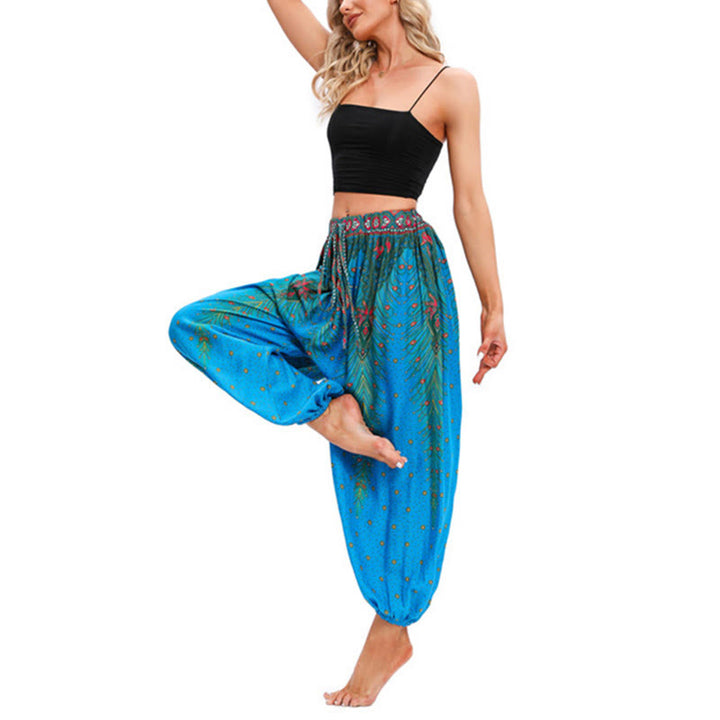 Pantaloni harem larghi con motivo a piume di pavone Buddha Stones, pantaloni da yoga da donna