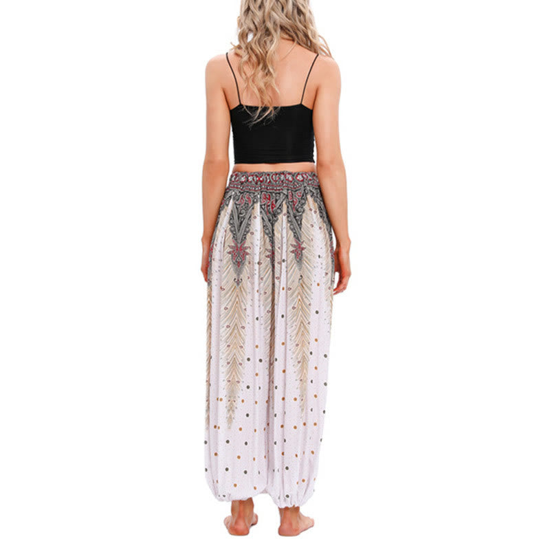 Pantaloni harem larghi con motivo a piume di pavone Buddha Stones, pantaloni da yoga da donna