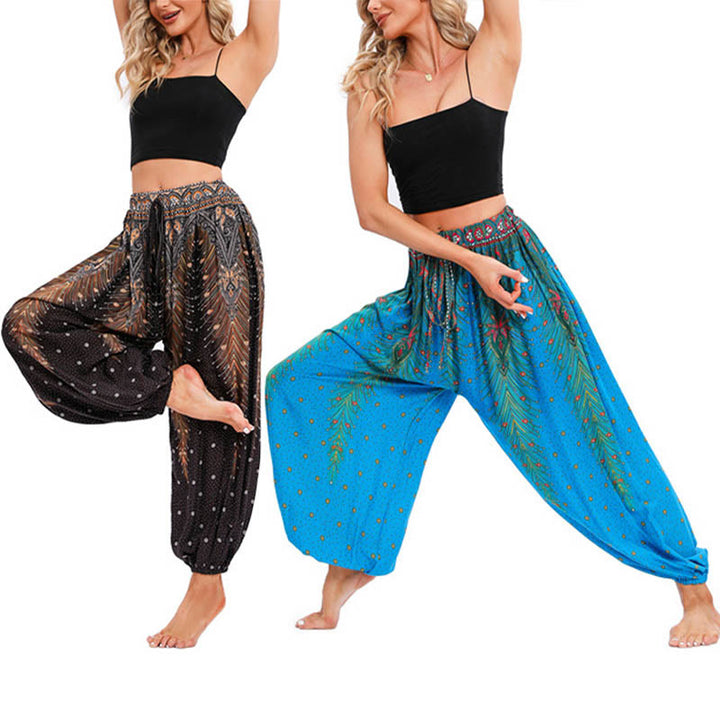 Pantaloni harem larghi con motivo a piume di pavone Buddha Stones, pantaloni da yoga da donna