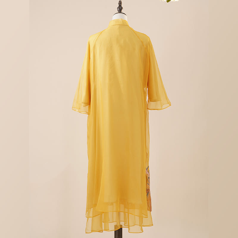 Abito in organza di seta di gelso al 100% Buddha Stones con ricamo giallo Phoenix Qipao Cheongsam - image 7
