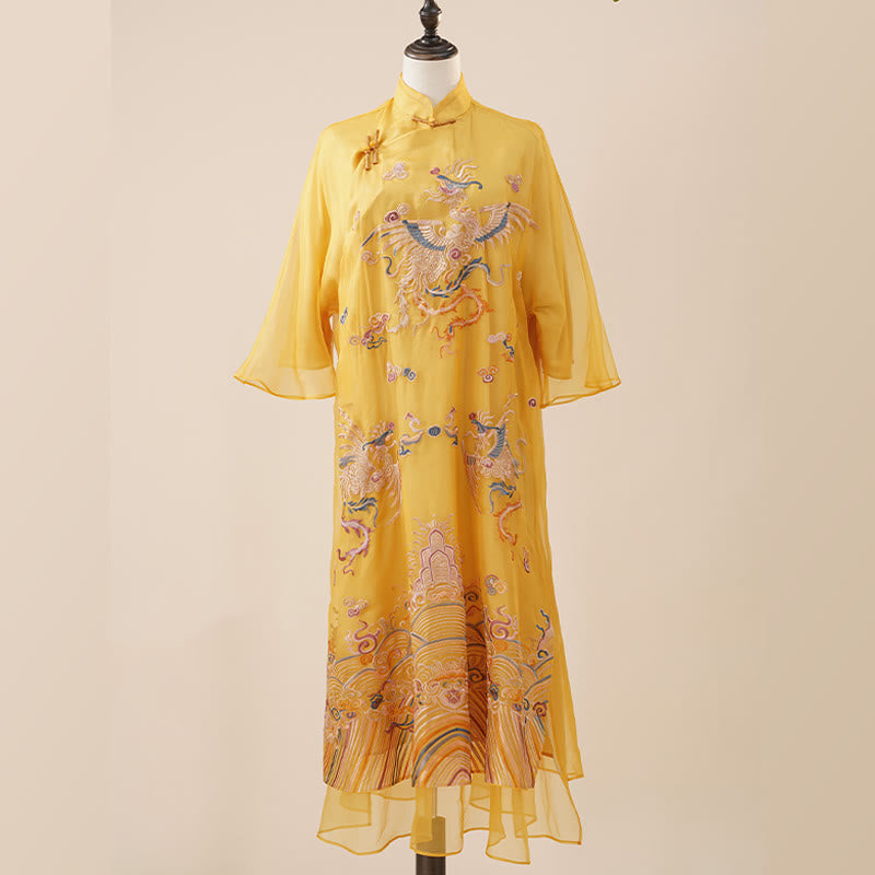 Abito in organza di seta di gelso al 100% Buddha Stones con ricamo giallo Phoenix Qipao Cheongsam - image 6