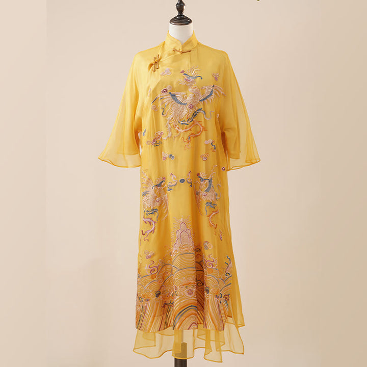 Abito in organza di seta di gelso al 100% Buddha Stones con ricamo giallo Phoenix Qipao Cheongsam - image 6