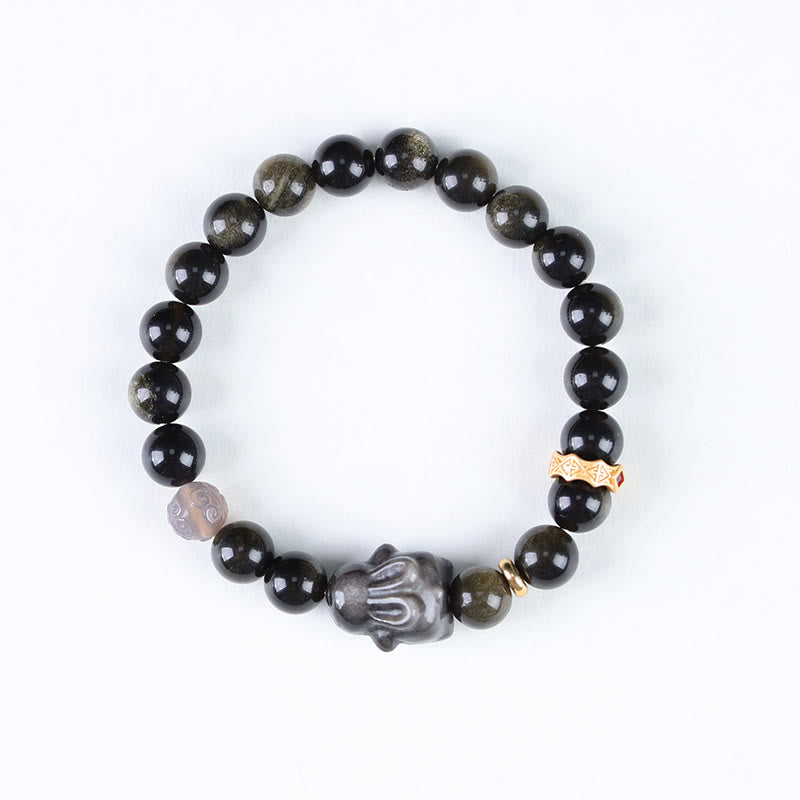Braccialetto di protezione con coniglio carino , Buddha Stones, ossidiana lucida dorata, ossidiana nera, ossidiana lucida argentata