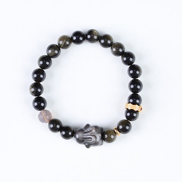 Braccialetto di protezione con coniglio carino , Buddha Stones, ossidiana lucida dorata, ossidiana nera, ossidiana lucida argentata