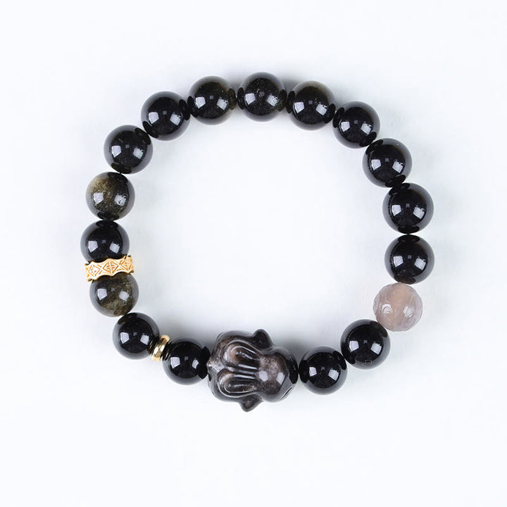 Braccialetto di protezione con coniglio carino , Buddha Stones, ossidiana lucida dorata, ossidiana nera, ossidiana lucida argentata