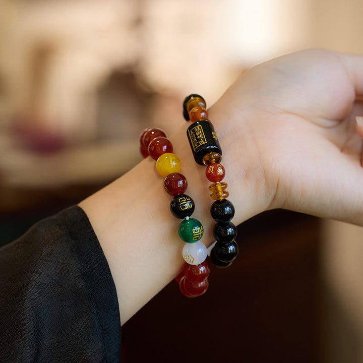 Bracciale Buddha Stones Five Elements Onice Nero Agata Rossa Saggezza Ricchezza
