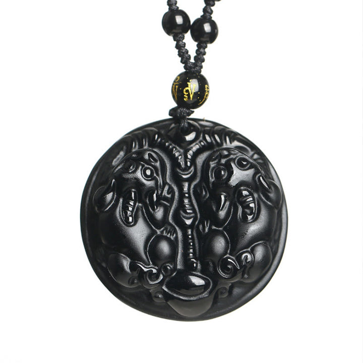 Collana con ciondolo di purificazione in corda con perline di Pixiu in ossidiana nera Buddha Stones