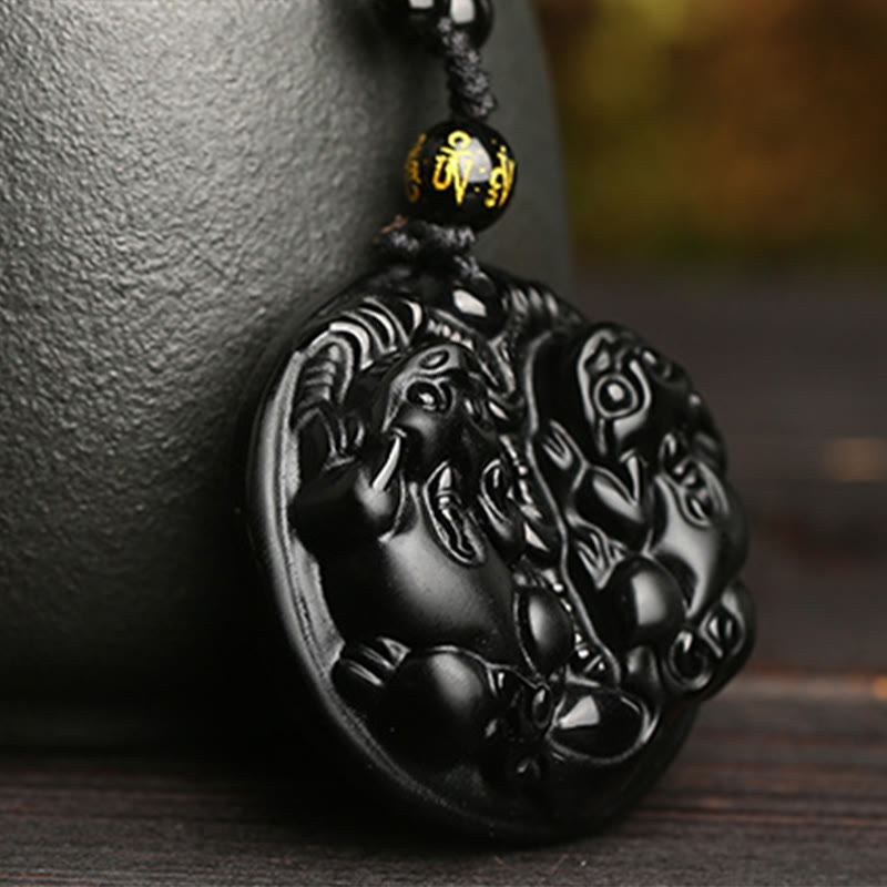 Collana con ciondolo di purificazione in corda con perline di Pixiu in ossidiana nera Buddha Stones