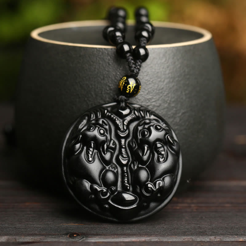 Collana con ciondolo di purificazione in corda con perline di Pixiu in ossidiana nera Buddha Stones