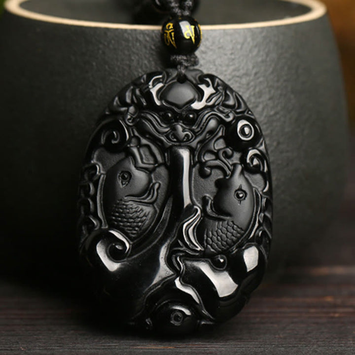 Buddha Stones Ossidiana nera Koi Fish Perline Corda Soddisfazione Forza Collana Pendente