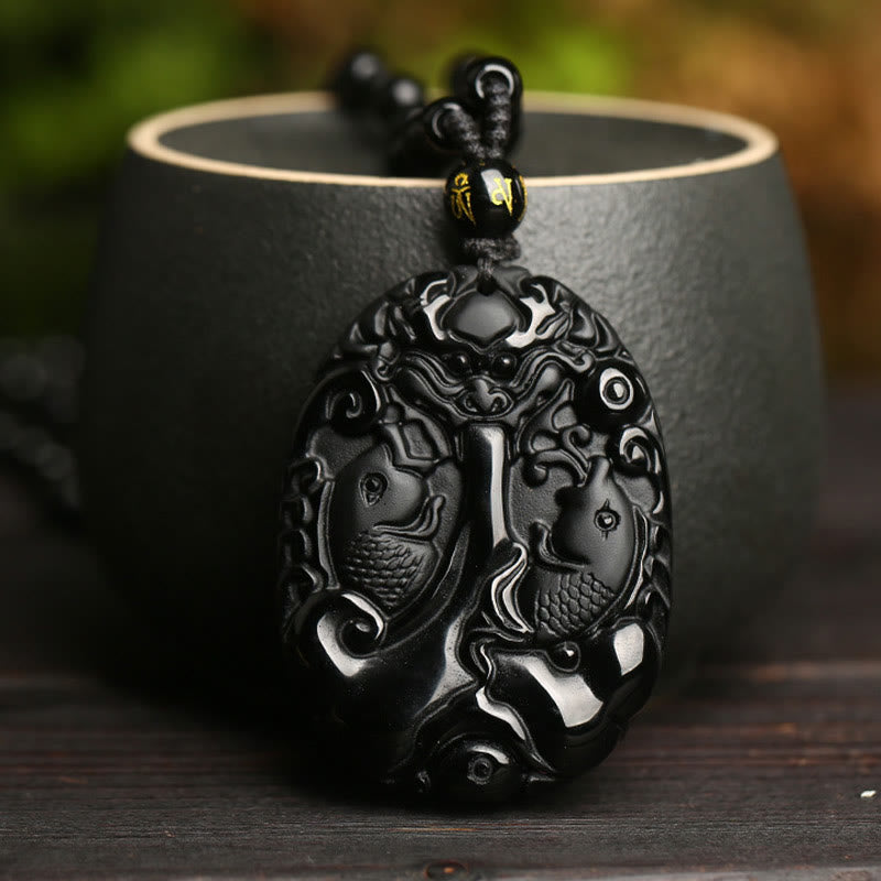 Buddha Stones Ossidiana nera Koi Fish Perline Corda Soddisfazione Forza Collana Pendente