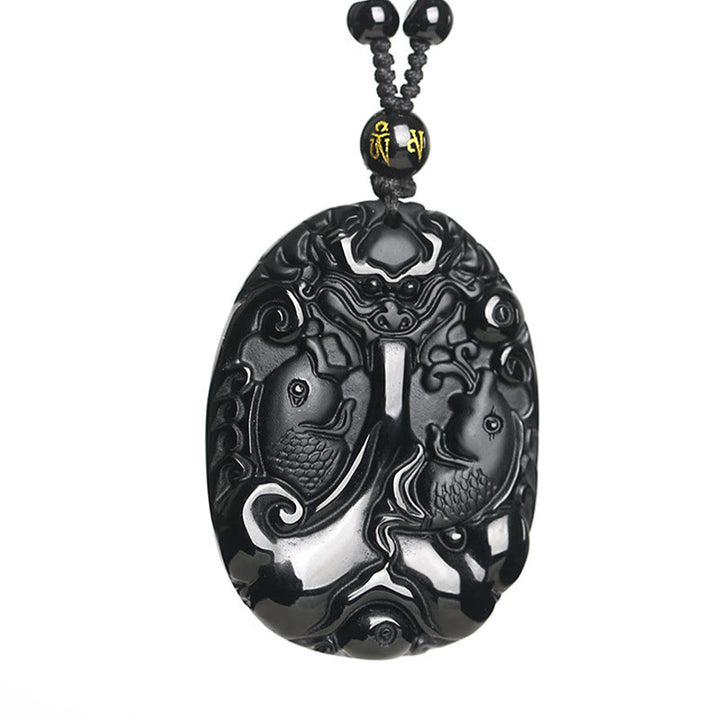 Buddha Stones Ossidiana nera Koi Fish Perline Corda Soddisfazione Forza Collana Pendente