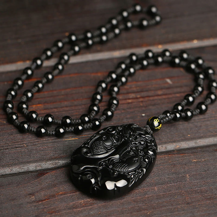 Buddha Stones Ossidiana nera Koi Fish Perline Corda Soddisfazione Forza Collana Pendente