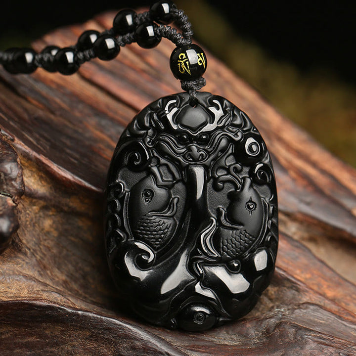 Buddha Stones Ossidiana nera Koi Fish Perline Corda Soddisfazione Forza Collana Pendente